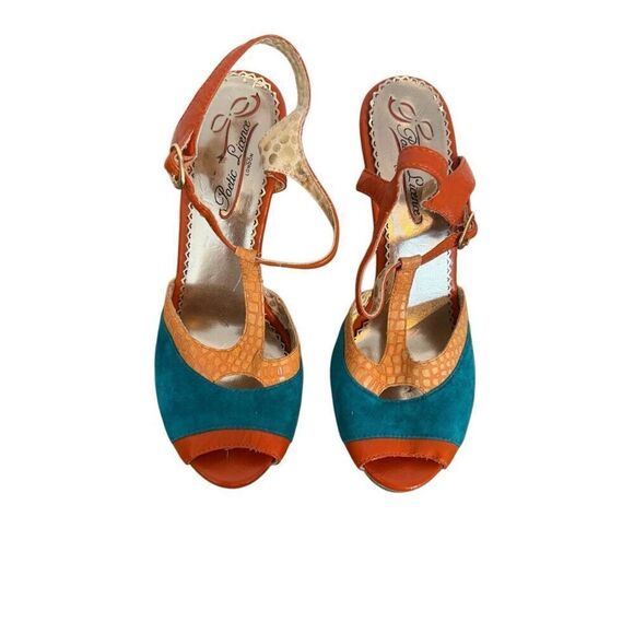 Poetic License London Orange Teal Peep Toe T-Strap Summer Fling Heels 8 - Picture 11 of 13